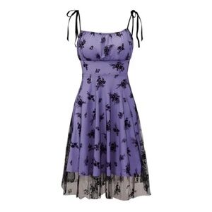 SHEIN Purple Dress with Sheer Floral Black Accents Overlay